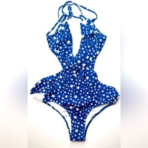 Plunge Ruffle V-Neck Halter One-Piece Swimsuit NWT